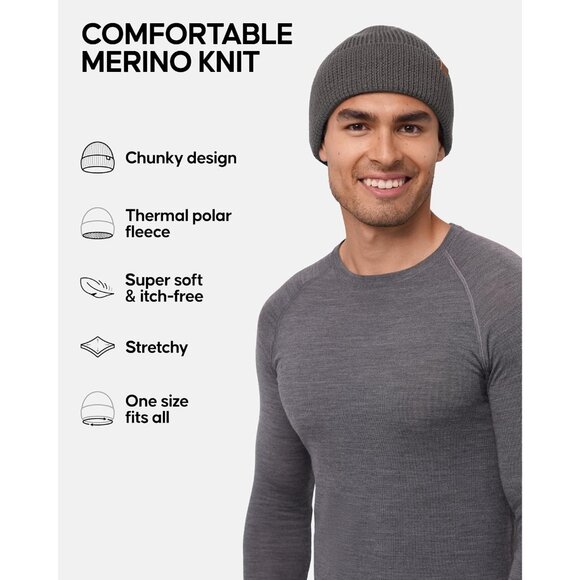 Men's Dark Grey Merino Wool Fitted Stretch Beanie Stretchy Fisherman Beanie Cap - Picture 2 of 6